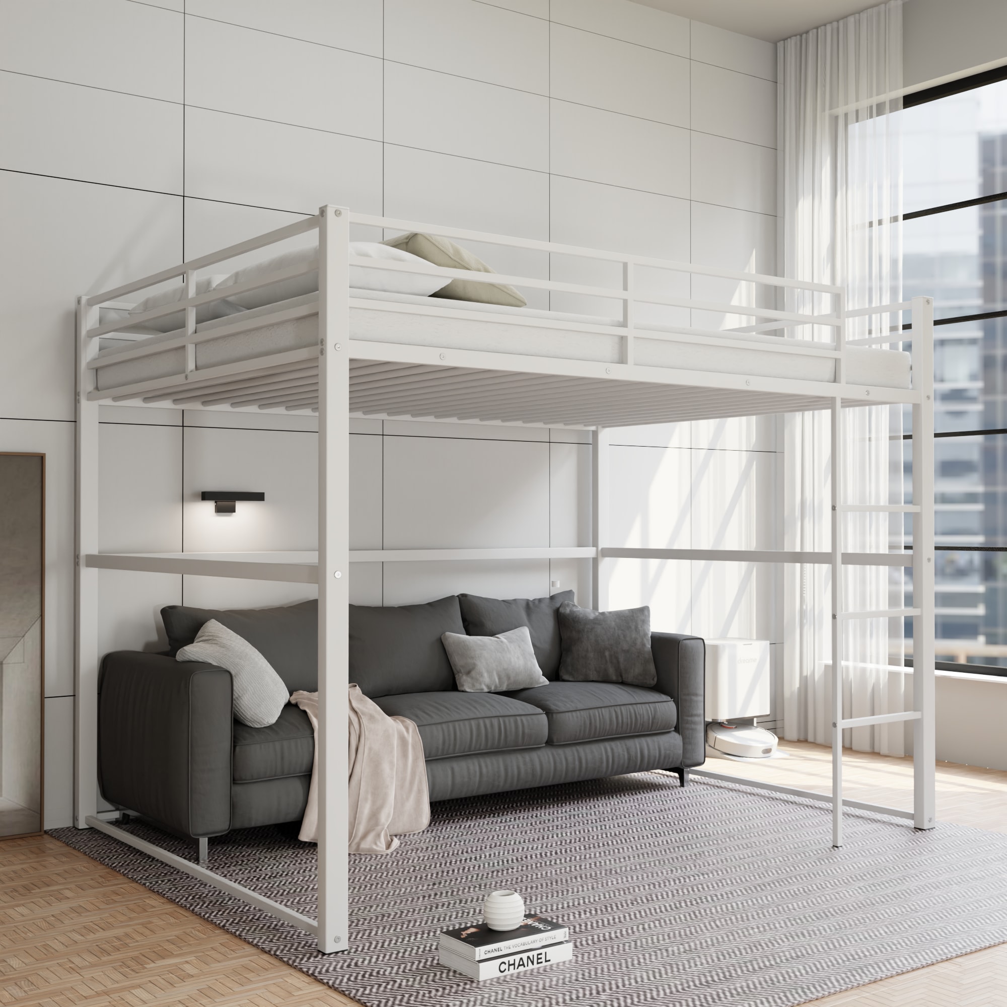 Metal Loft Bed Full Size, Loft Bed Frame with Safety Guard Rails & Flat Ladder, Twin Loft Bed for Kids Teens Adults, White